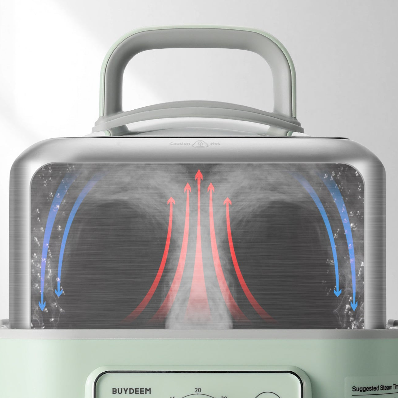 Stainless steel appliance with a clear front panel showing air flow, on a white background.