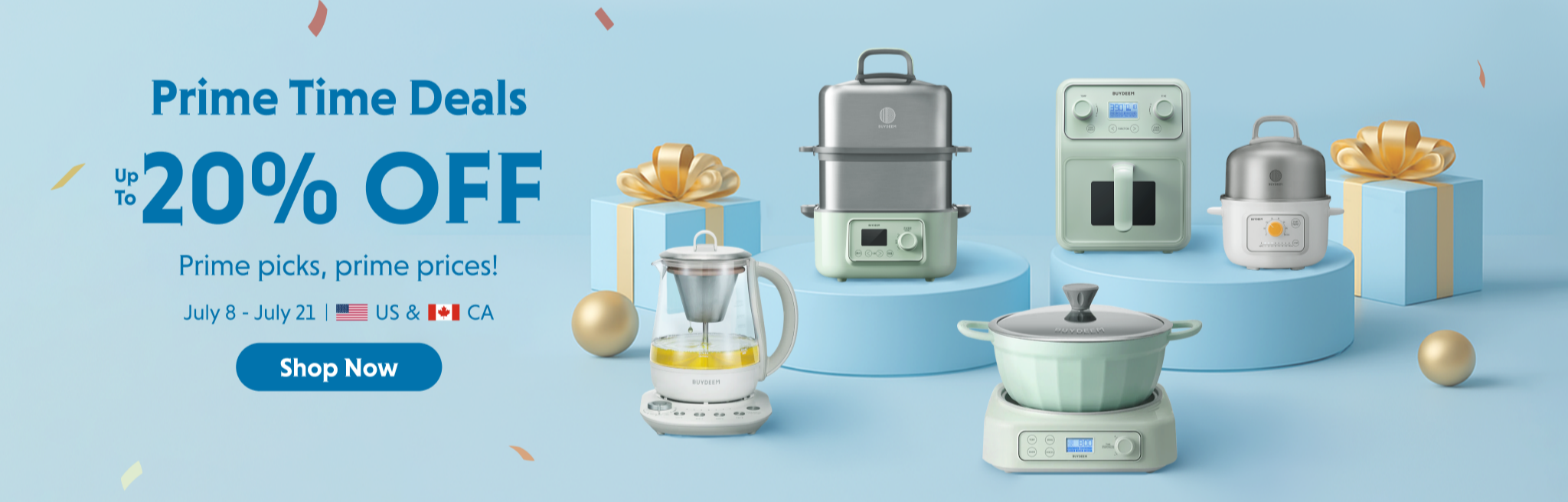 Promotional banner for Prime Time Deals with kitchen appliances on a blue background