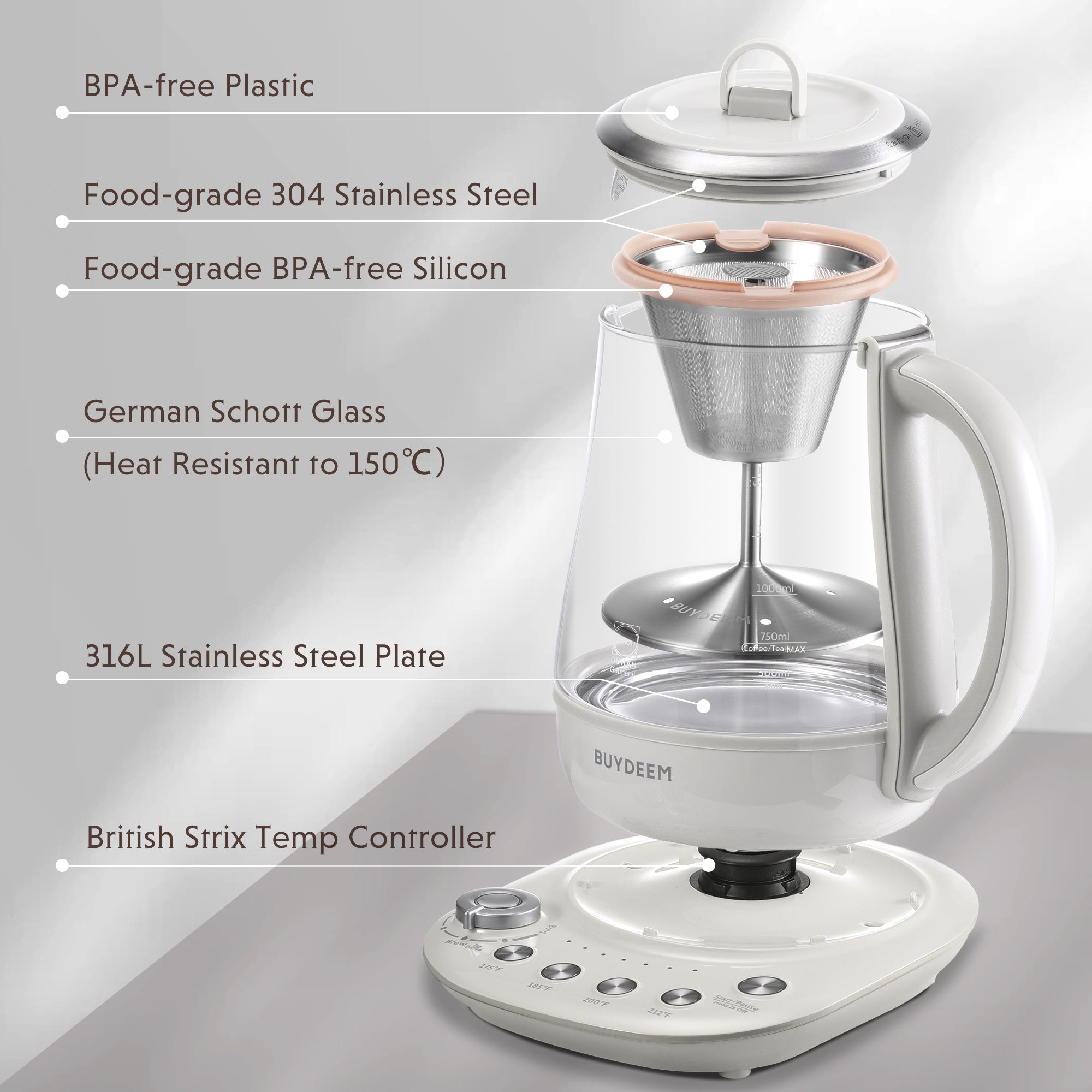 K156 Multi-function Tea Maker 1.5L, Oat White