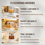 Promotional graphic for a glass beverage maker showing three cooking modes: Tonic for 120 min, Soup for 60 min, and Tea for 15 min. The graphic includes three lifestyle photos of the teapot in use on tables, with text describing each mode and benefits.