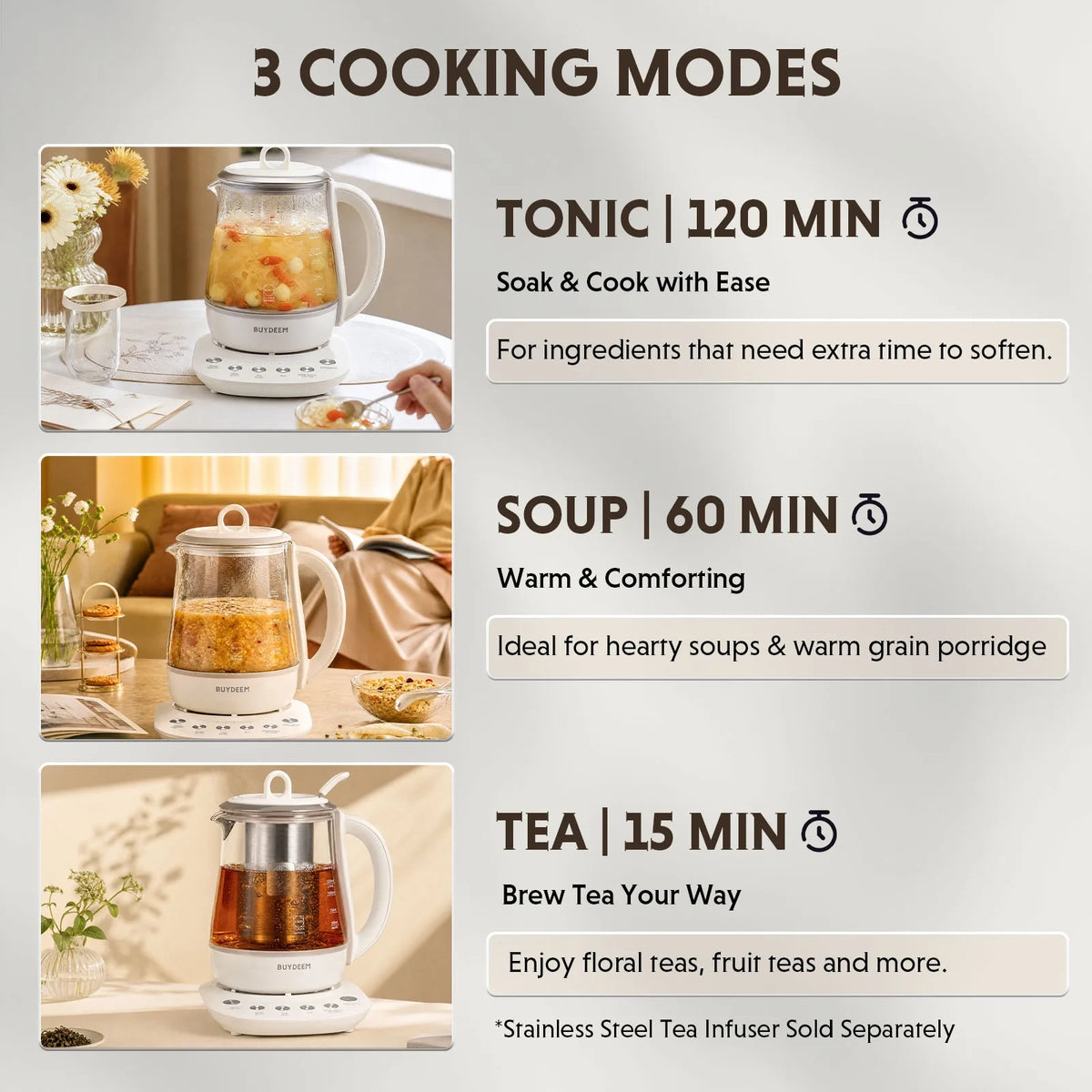 Promotional graphic for a glass beverage maker showing three cooking modes: Tonic for 120 min, Soup for 60 min, and Tea for 15 min. The graphic includes three lifestyle photos of the teapot in use on tables, with text describing each mode and benefits.