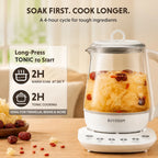 BUYDEEM electric beverage maker with a clear glass body and white base, shown on a wooden table with tea and red dates. Text on the left explains soak and cook settings, with the product and features prominently displayed.