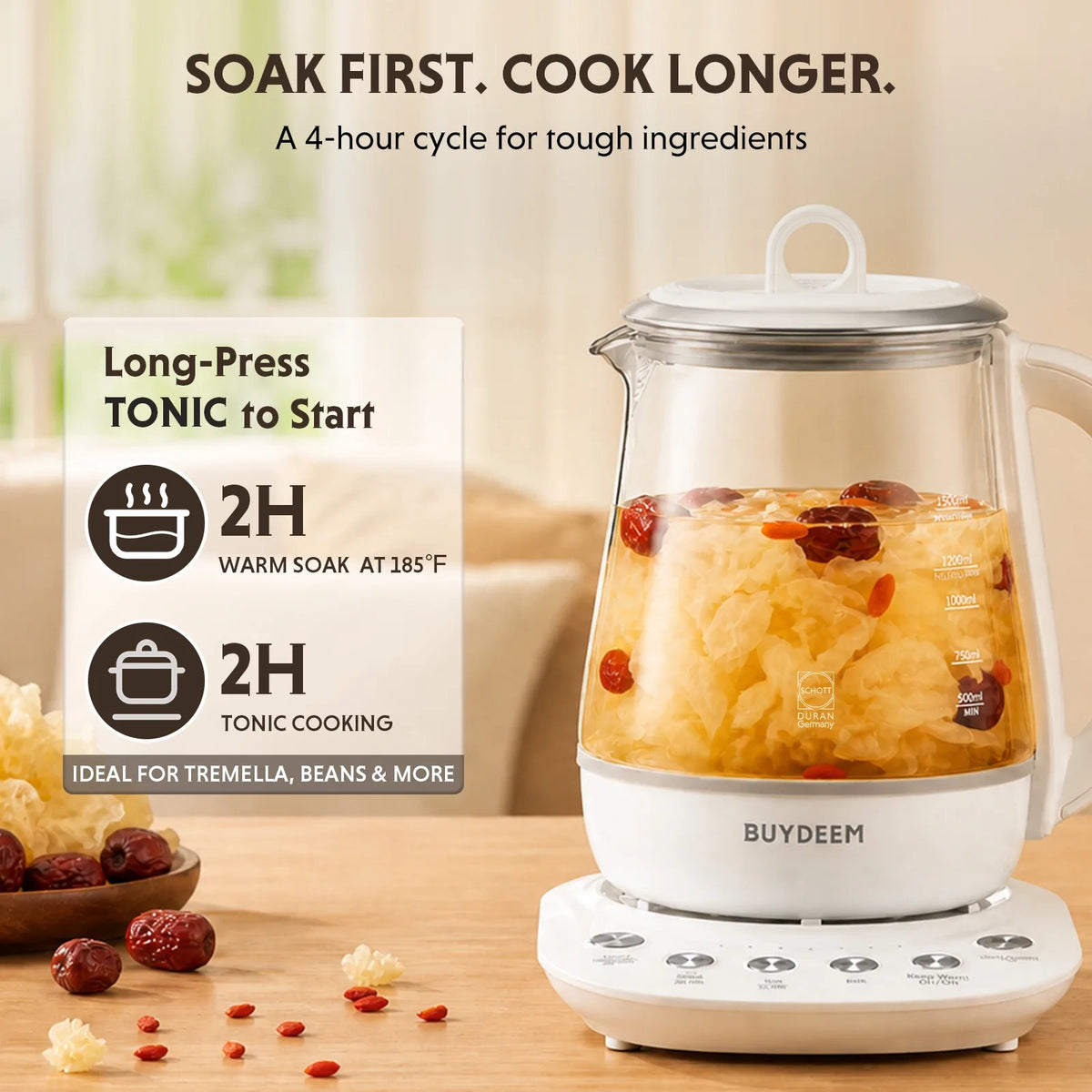 BUYDEEM electric beverage maker with a clear glass body and white base, shown on a wooden table with tea and red dates. Text on the left explains soak and cook settings, with the product and features prominently displayed.