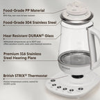 White and stainless steel teapot and base with callout text highlighting features such as food-grade PP material, 304 stainless steel, DURAN glass, 316 stainless steel heating plate, and British STRIX thermostat. The brand name BUYDEEM is visible on the pot.