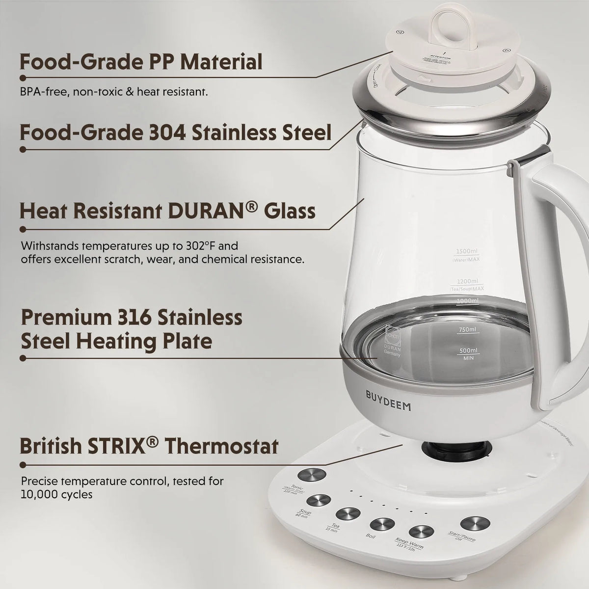 White and stainless steel teapot and base with callout text highlighting features such as food-grade PP material, 304 stainless steel, DURAN glass, 316 stainless steel heating plate, and British STRIX thermostat. The brand name BUYDEEM is visible on the pot.