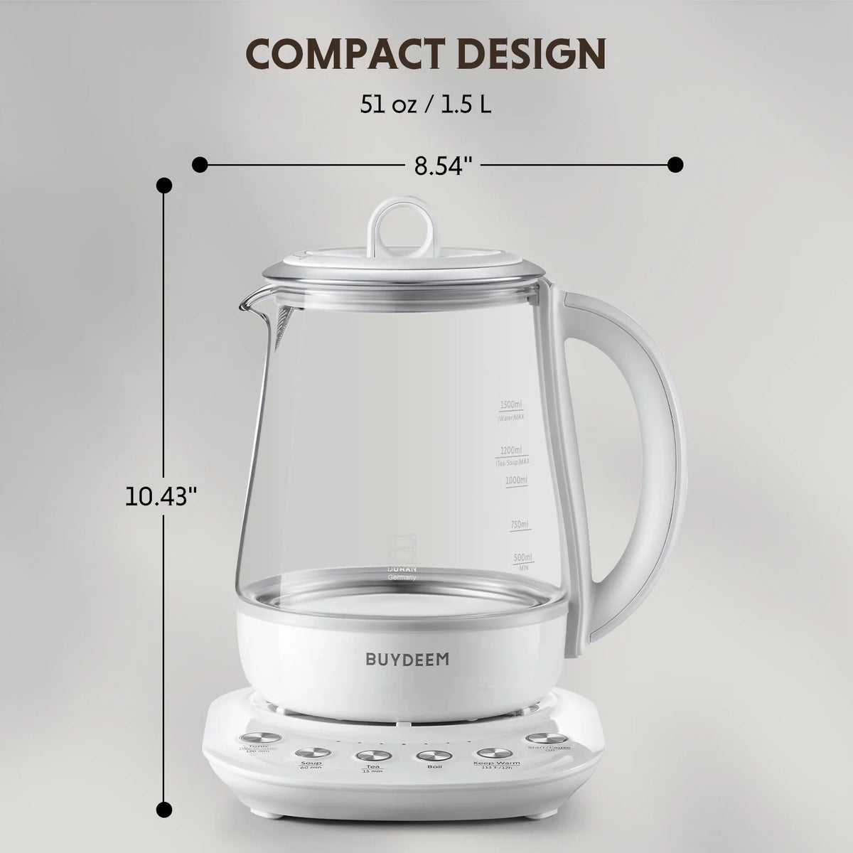 BUYDEEM compact electric kettle with dimension annotations showing 10.43 inches height and 8.