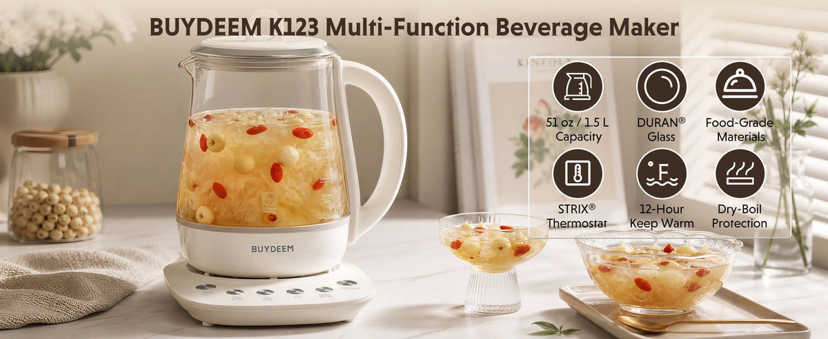 BUYDEEM K123 multi-function beverage maker shown on a light tabletop with a glass pitcher filled with iced drink, two small cups, jars, and a feature icon overlay panel on the right.