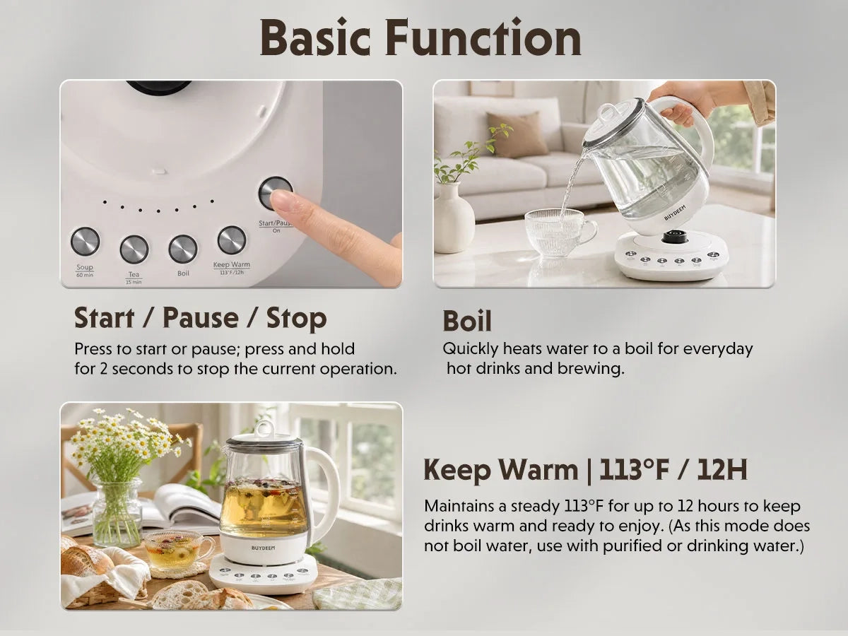 An informational product graphic for a white electric kettle showing the basic functions: Start/Pause/Stop, Boil, and Keep Warm. The top of the graphic has the heading 'Basic Function'.