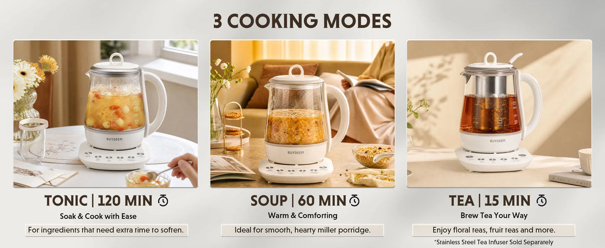 A banner showing a multi-mode electric tea and porridge maker in three lifestyle settings: 'TONIC' for 120 mins, 'SOUP' for 60 mins, and 'TEA' for 15 mins. The product features a clear glass container, white base, and silver lid, shown with various ingredients and tea bags.