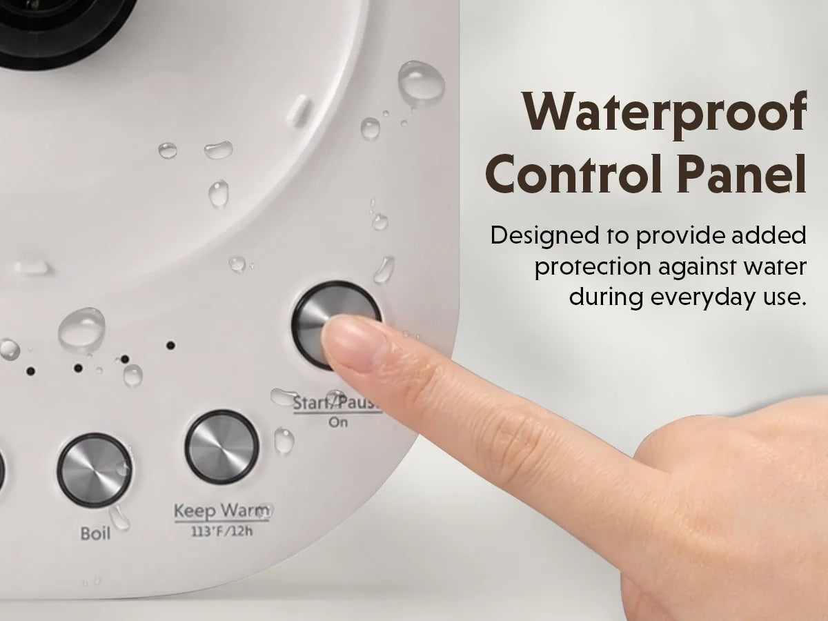 Close-up of a white appliance control panel with water droplets, a finger pressing a metallic button, and text reading 'Waterproof Control Panel' with additional descriptive copy.