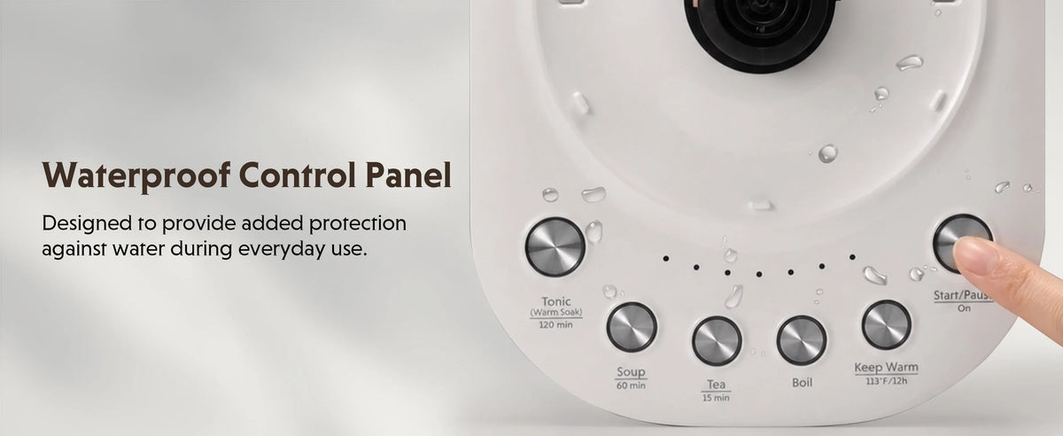 Close-up of a white control panel with a finger pressing a button, shown with text reading 'Waterproof Control Panel' and water droplets on the surface.