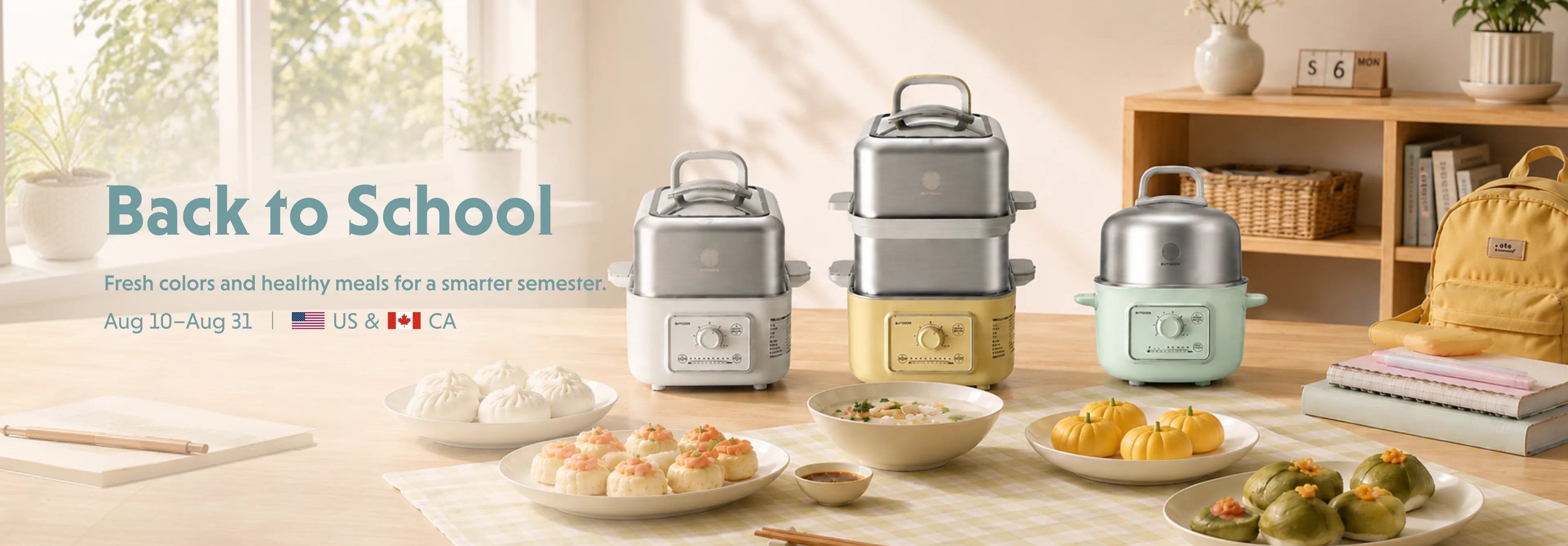 Three electric steamers in white, yellow, and mint green are displayed on a wooden table in a bright, cozy kitchen setting, surrounded by prepared meals, chopsticks, and school supplies. Text on the left reads 'Back to School'.