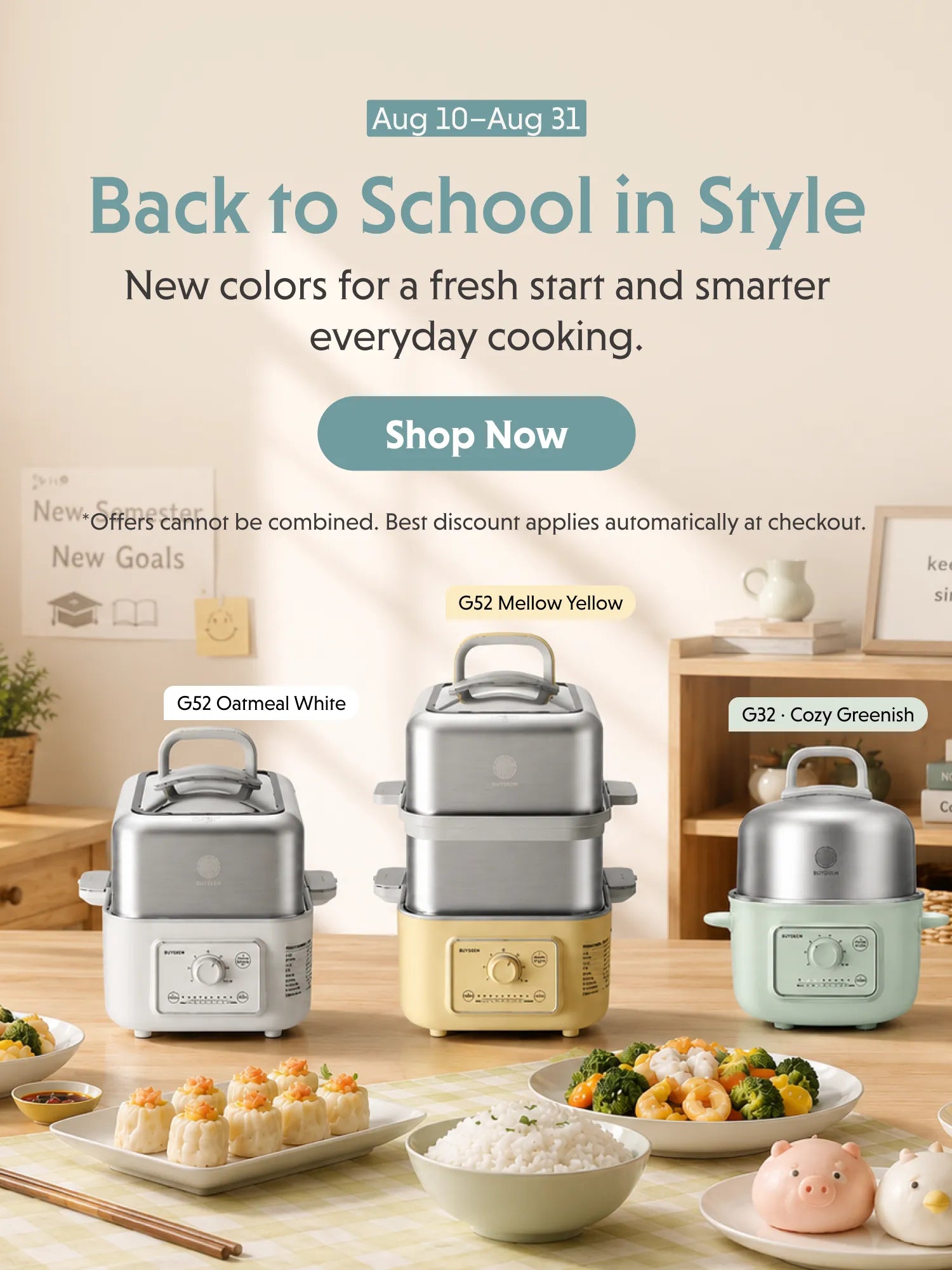 Three electric steamers in white, yellow, and mint green are displayed on a wooden table in a warm, styled kitchen scene with food dishes, books, and home decor. Promotional text on the left reads 'Back to School in Style' with a 'Shop Now' button.