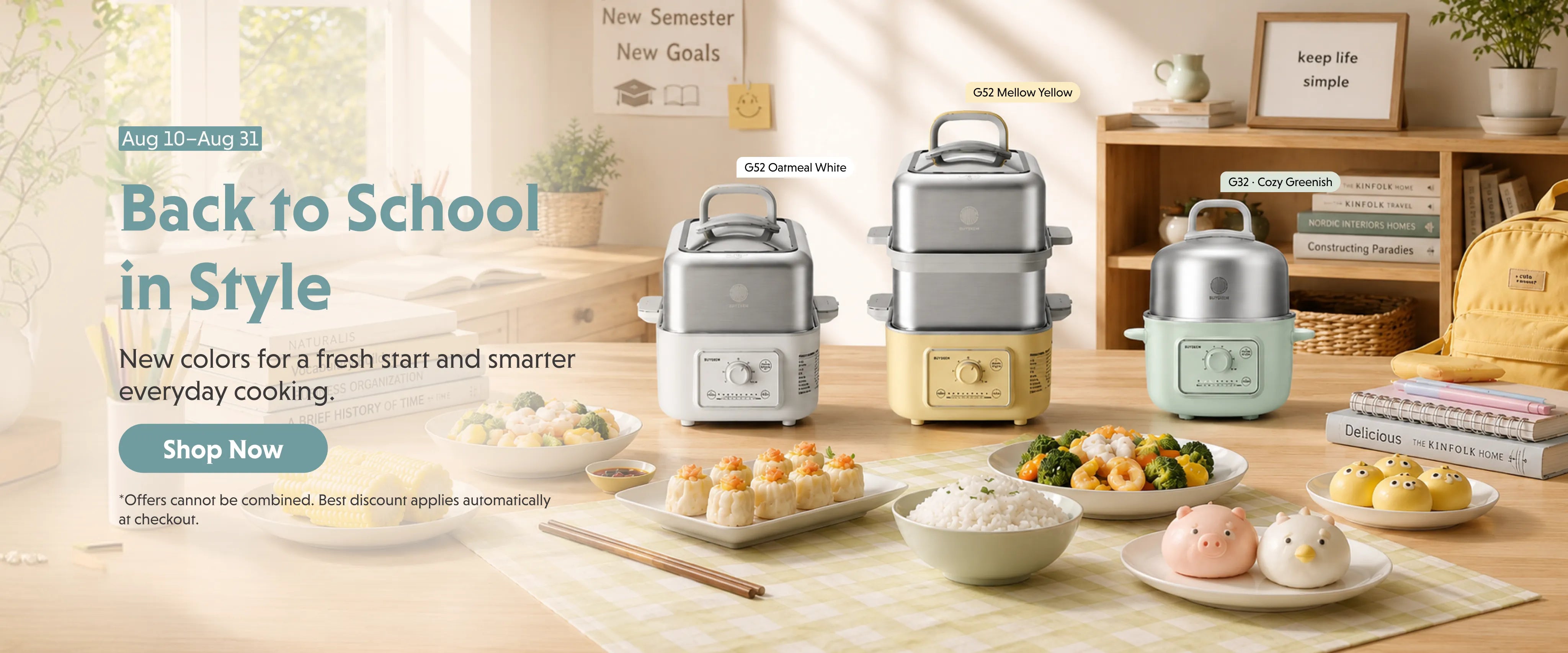 Three electric steamers in white, yellow, and mint green are displayed on a wooden table in a warm, styled kitchen scene with food dishes, books, and home decor. Promotional text on the left reads 'Back to School in Style' with a 'Shop Now' button.
