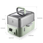 A countertop electric multi-cooker with dimensions labeled around it, including height and width measurements. The cooker has a pale sage green body, a brushed stainless steel upper pot, a matching lid with a handle, and a front control panel with a small display and dial.