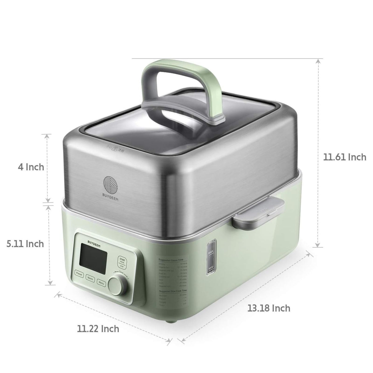 A countertop electric multi-cooker with dimensions labeled around it, including height and width measurements. The cooker has a pale sage green body, a brushed stainless steel upper pot, a matching lid with a handle, and a front control panel with a small display and dial.