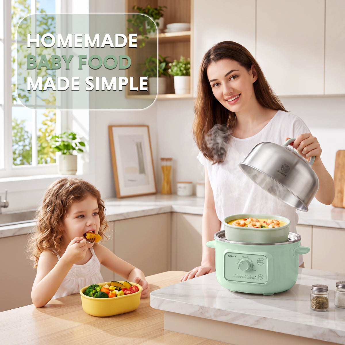 A woman and a young girl cook together in a bright modern kitchen. The woman lifts the lid of a mint green slow cooker, and the girl sits at the table eating from a colorful bowl.
