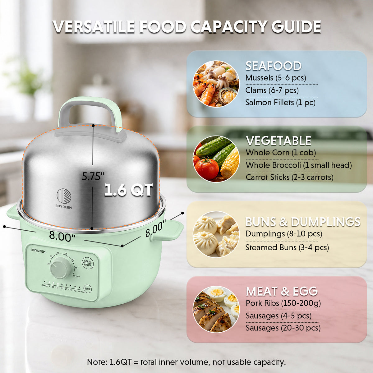 A light mint green electric steamer cooker with a stainless steel lid, shown on a white marble countertop with a kitchen background. The image includes a 'VERSATILE FOOD CAPACITY GUIDE' infographic with text and color-coded boxes detailing food capacities for seafood, vegetables, buns, and meat/eggs.