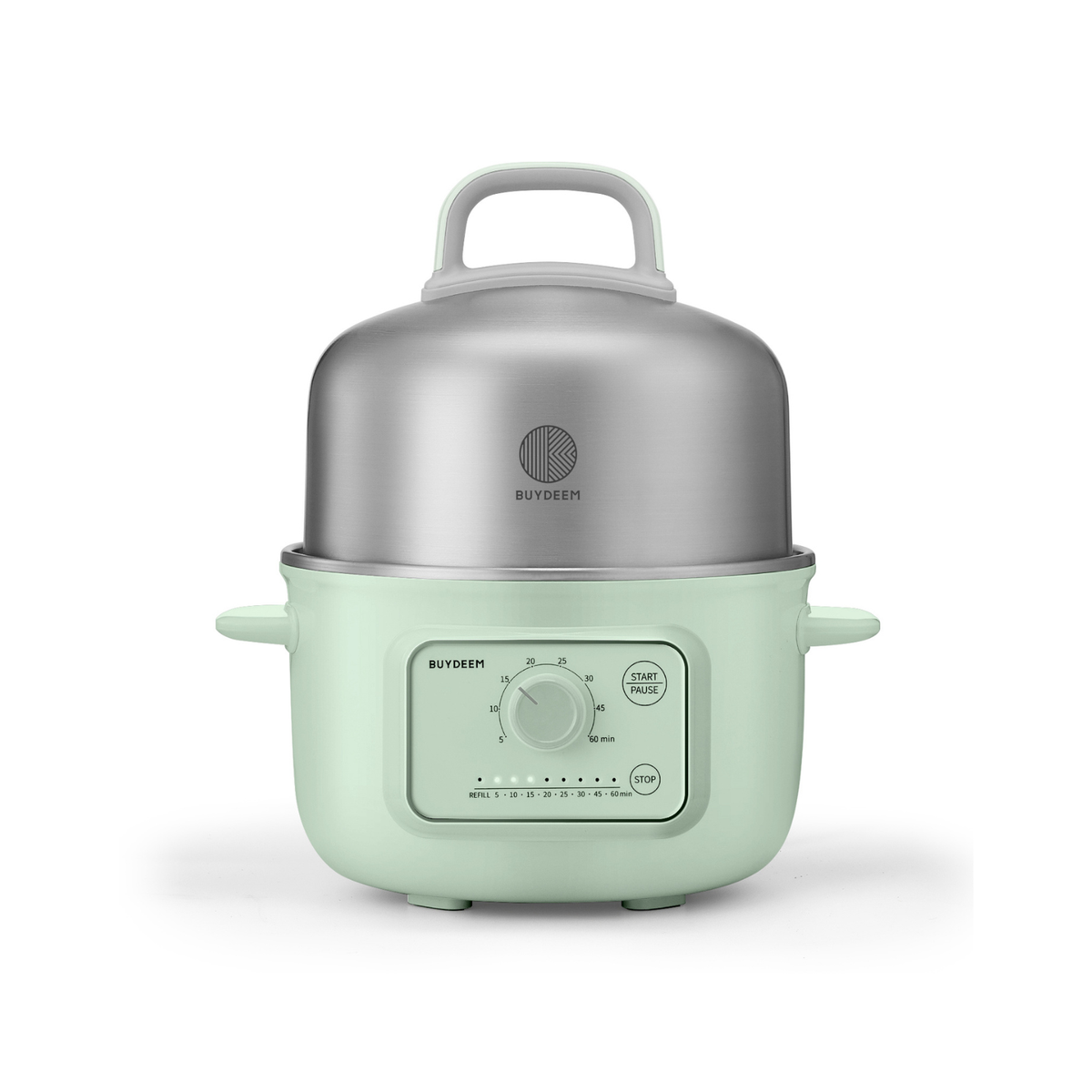 A BUYDEEM G32 mini electric steamer cooker in mint green and stainless steel, shown on a clean white background.