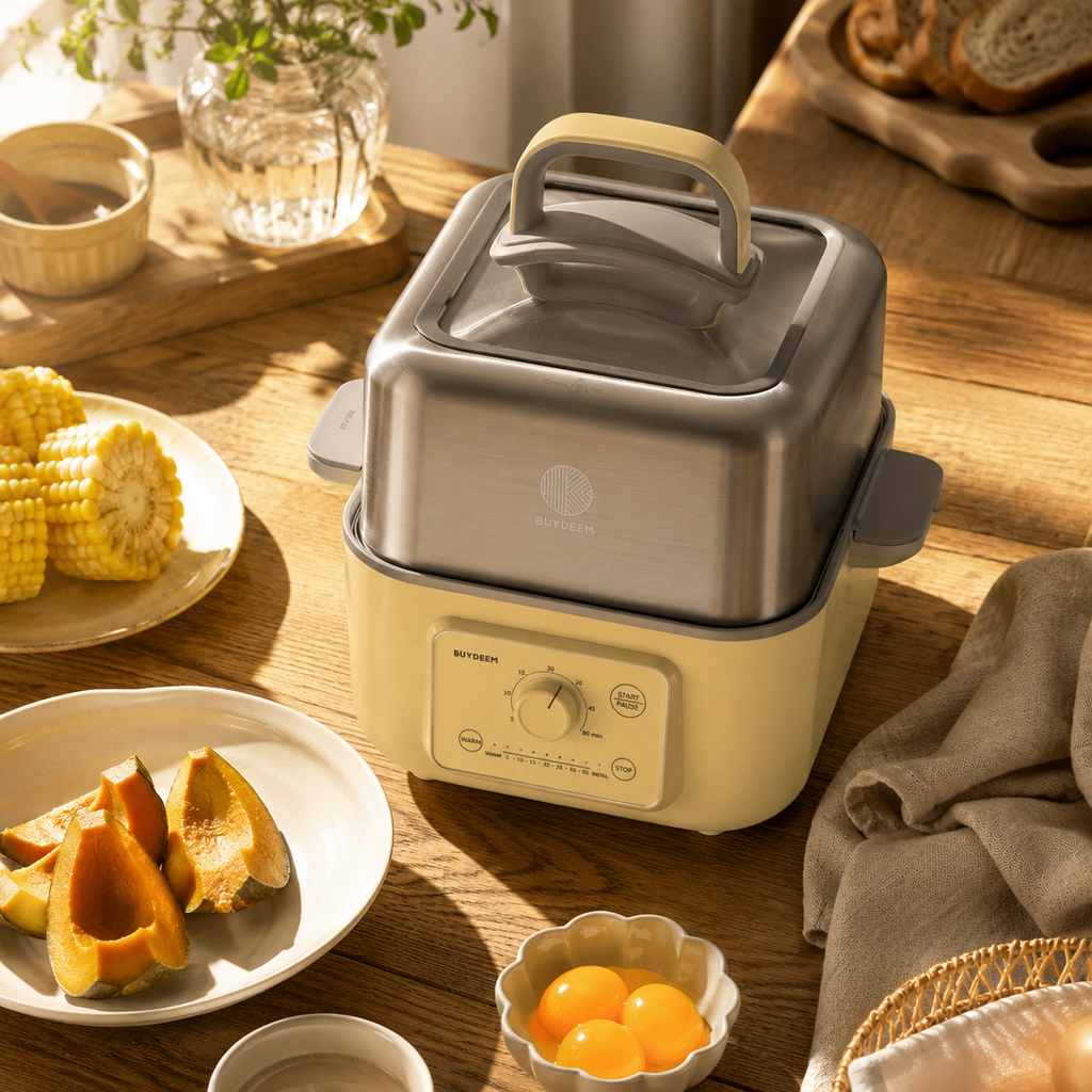 A countertop electric food steamer with a stainless steel upper chamber and cream-colored base, styled on a wooden table with breakfast items including corn, pumpkin, eggs, toast, and a mug in warm natural light.