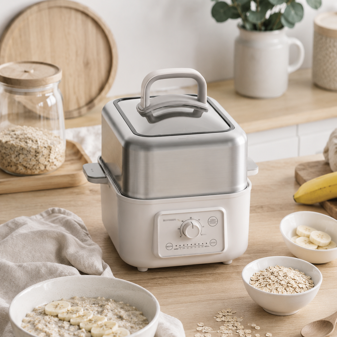 A countertop electric food steamer in a warm beige and silver color scheme, styled on a wooden table with bowls of oatmeal and banana, jars of oats, and a potted plant in the background.