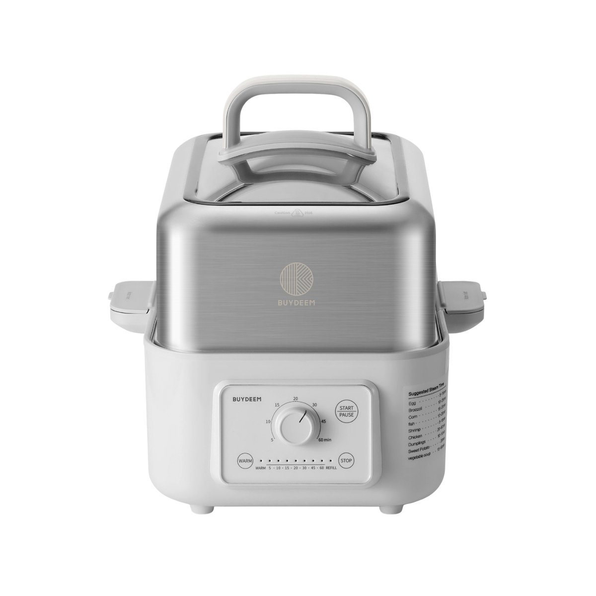 A stainless steel and white steamer pot with a top handle, side release valves, and a front dial control panel, shown on a plain white background.