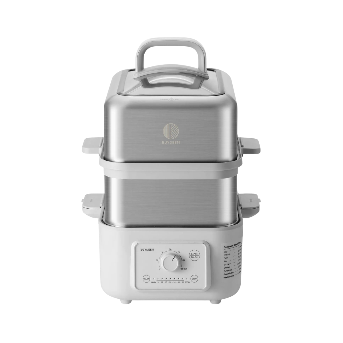 A stainless steel multi-level steamer  with a top handle, shown on a plain white background. The brand name 'BUTTERY' is visible on the front control panel and on the upper chamber.