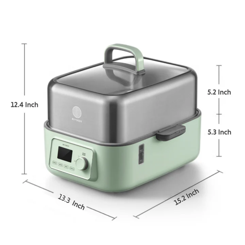 A two-tier electric steamer with a light mint green base and a stainless steel upper pot with a clear lid, shown with dimension lines and text indicating its height, width, and depth.