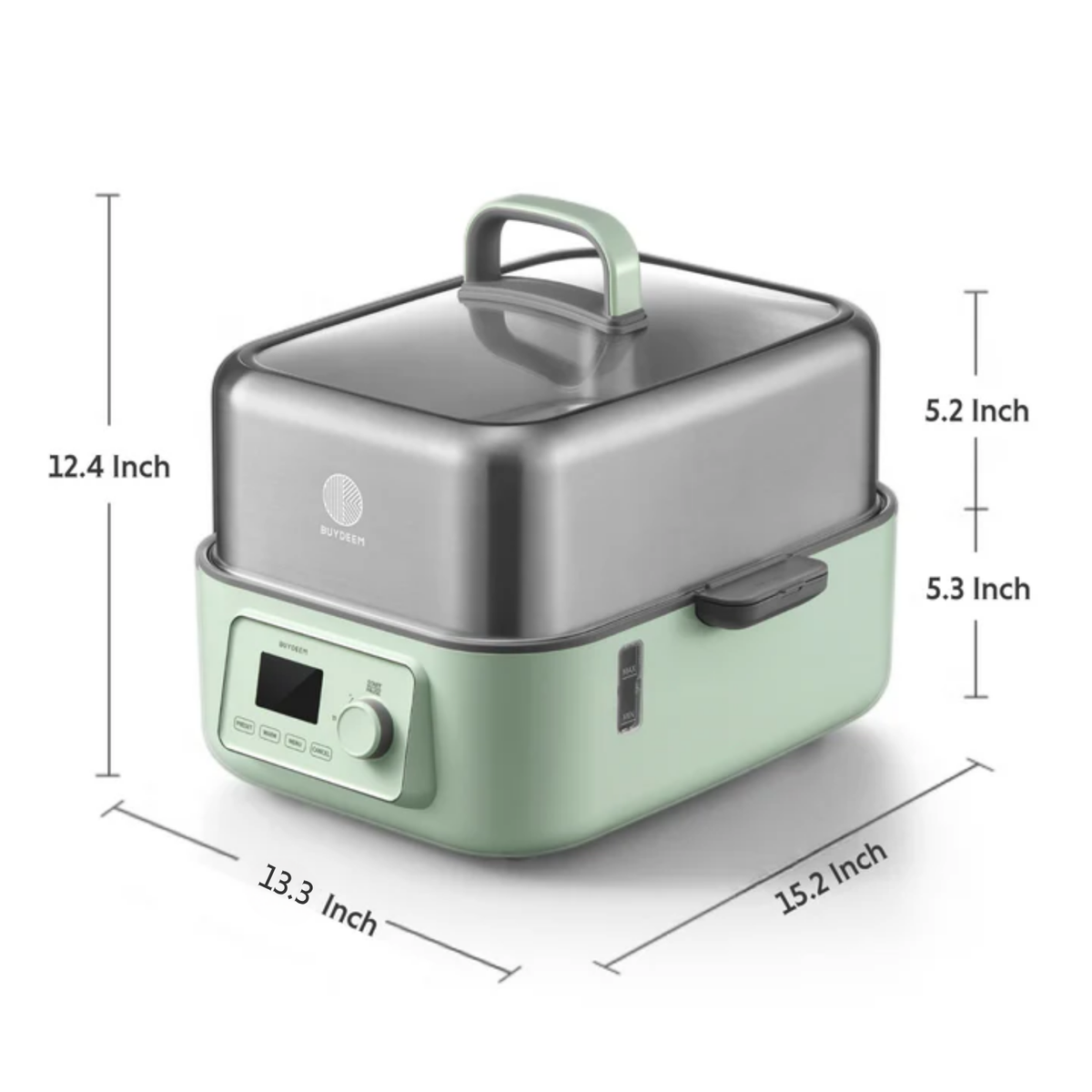 A two-tier electric steamer with a light mint green base and a stainless steel upper pot with a clear lid, shown with dimension lines and text indicating its height, width, and depth.