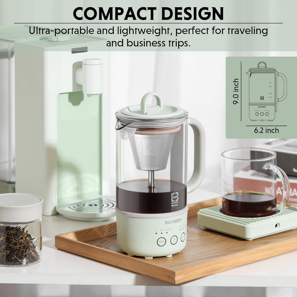 Compact tea maker on a wooden tray with text highlighting its portability.