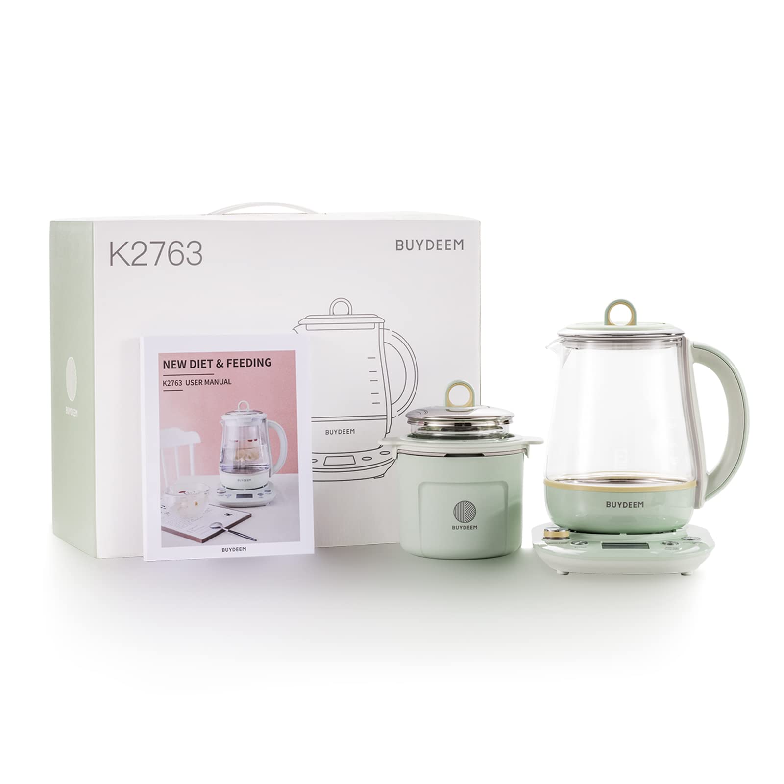 BUYDEEM Health Pot K2763 Lite, Glass Electric Kettle for Tea & Coffee, Water  Boiler with Stew Pot, Temperature Control, Green, 1.5L 